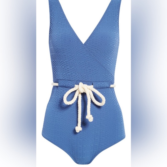 Lisa Marie Fernandez Swim Navy Yasmin Rope Belted Seersucker 4 fits sizes 8-12 - Picture 2 of 16